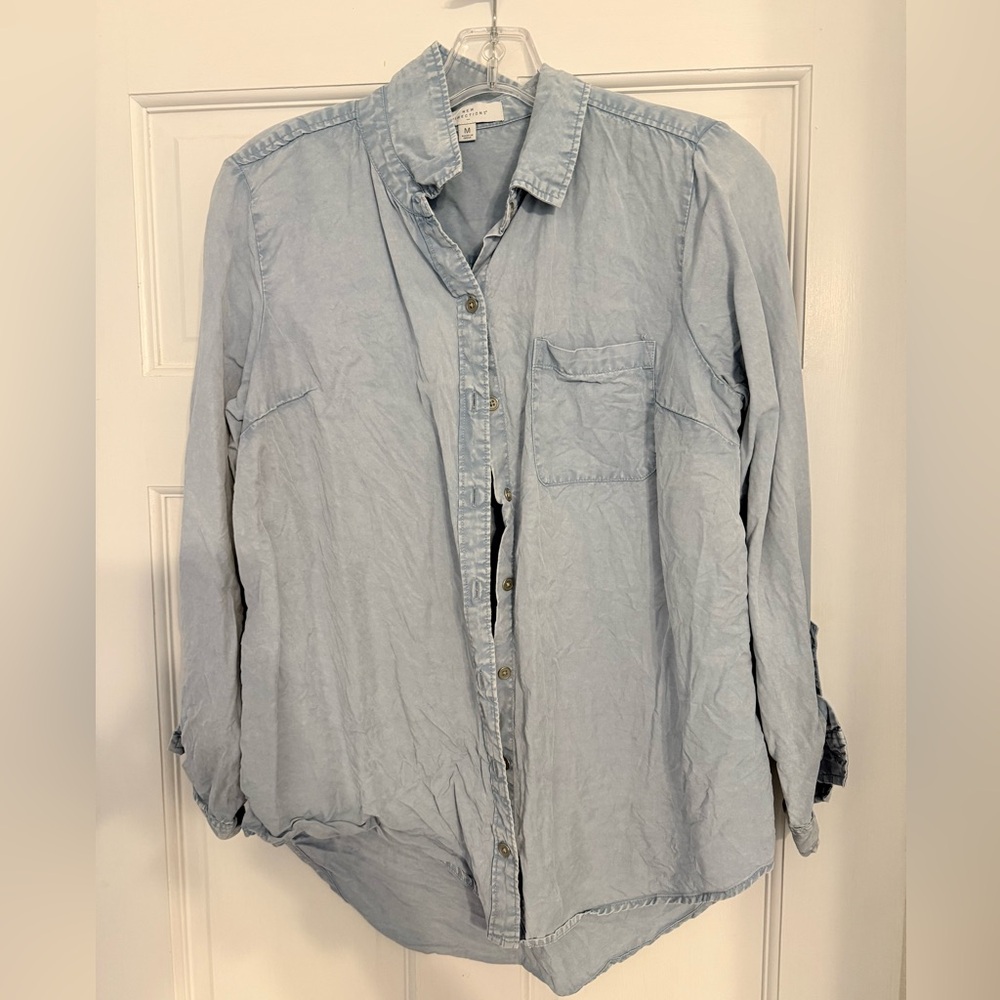 Tunic style light blue button down denim